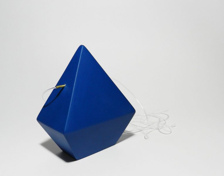 Dark Blue Diamond, Pendant, 2017, cardboard, brass, paint, silicone string
