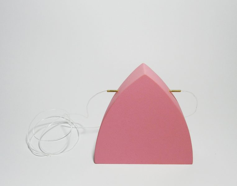 Pink Dome, Pendant, 2017, cardboard, brass, paint, silicone string