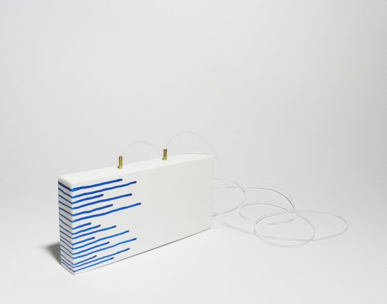 White Rhombus, Pendant, 2017, cardboard, brass, paint, silicone string