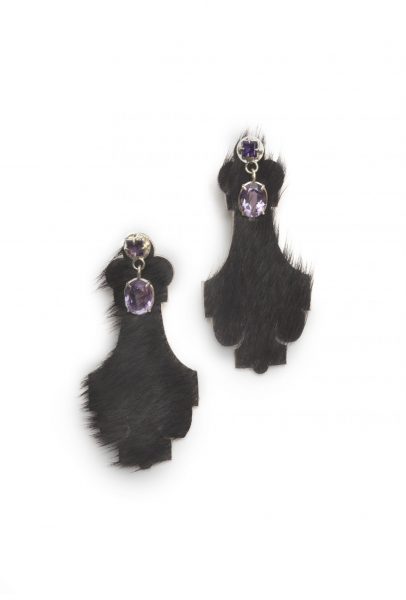 Untitled, Earrings, 2018, cowhide, silver, amethyst