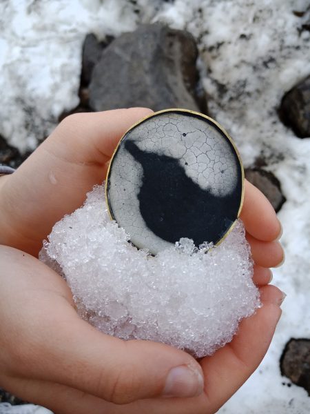 North Island Bush Wren, 2019, brooch; brass, gypsum plaster, pigment, resin, steel pin