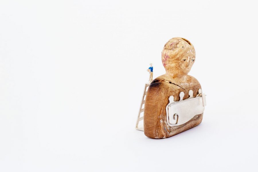 Diego, Brooch, 2018, Polychrome wood, silver, steel