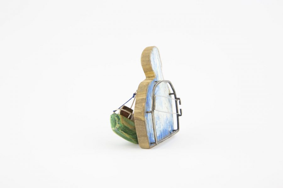 Tito, Brooch, 2018, Olive wood, polychrome wood, silver, cold enamelled copper, polyester, steel